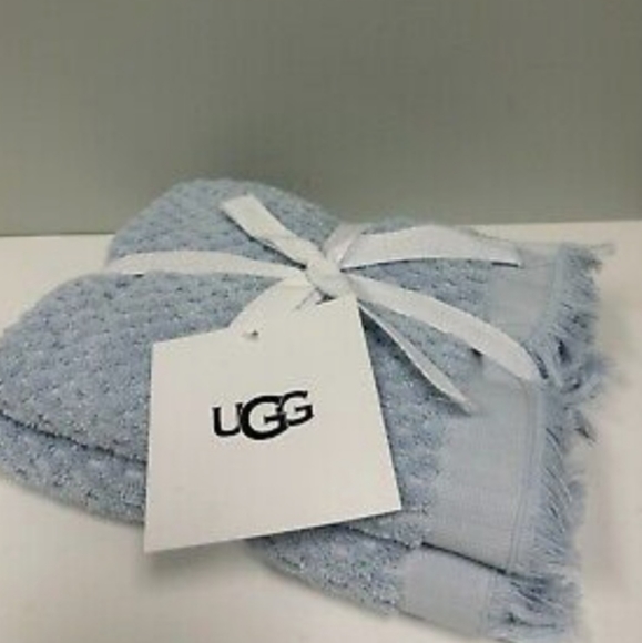 UGG Raised Check Larissa Cotton Hand Towels w/ Fringe Reef Blue Set of 2 - Picture 1 of 6
